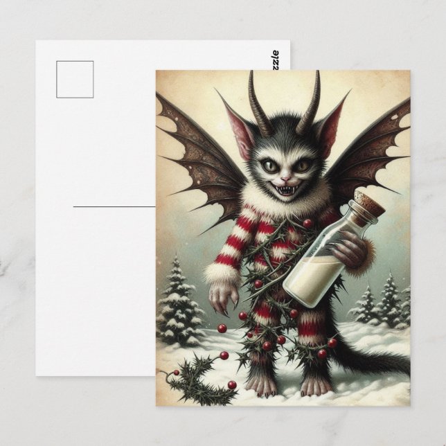 Weihnachts Krampus Kitty mit Milchflasche Postkarte (Vorne/Hinten)