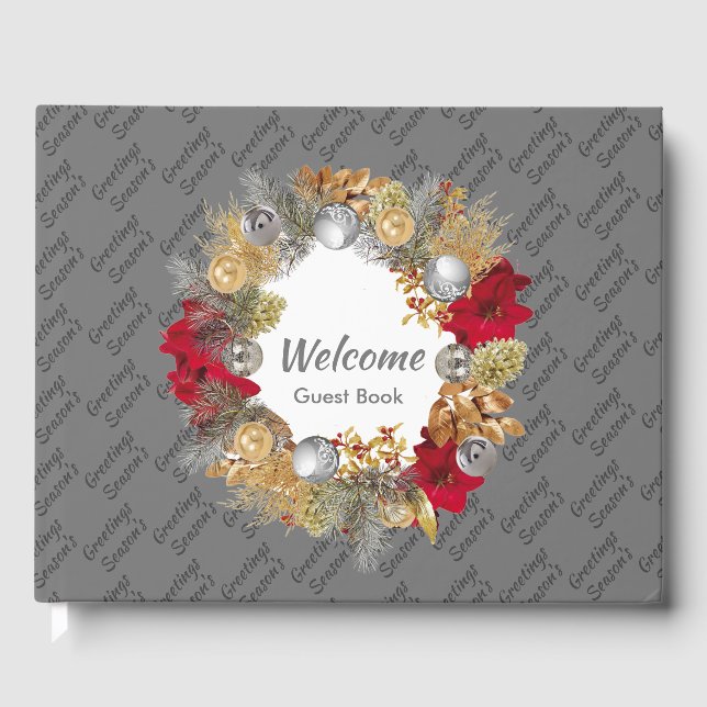Weihnachts-Kranz-Saison GREETINGS Custom Gray Gästebuch (Vorderseite)