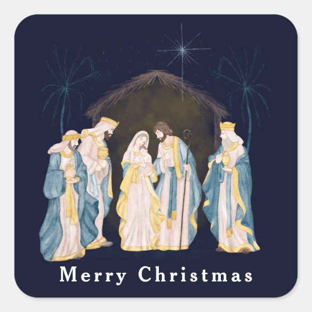 Weihnachts-Krippe auf blauem Night Sky Quadratischer Aufkleber (Vorderseite)