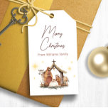 Weihnachts-Krippe-Geschenktasten Geschenkanhänger<br><div class="desc">Einfache moderne Weihnachtsgeschenktafeln mit niedlicher Krippe. Jesus-Baby in der Hand,  Maria und Joseph schauen ihn an,  umgeben von Stalltieren. Sterne im Hintergrund. Personalisieren Sie Text mit Ihrer eigenen Nachricht.</div>