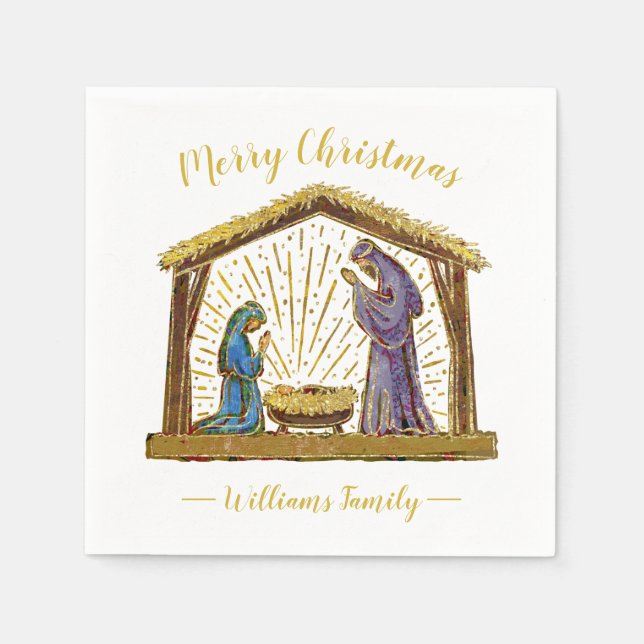 Weihnachts-Krippe Goldtypografie Serviette (Vorderseite)