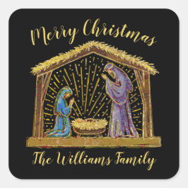 Weihnachts-Krippe-Manager Gold Black Family Name Quadratischer Aufkleber