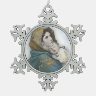 Weihnachts-Krippen-Madonna und Kind-Ornament Schneeflocken Zinn-Ornament