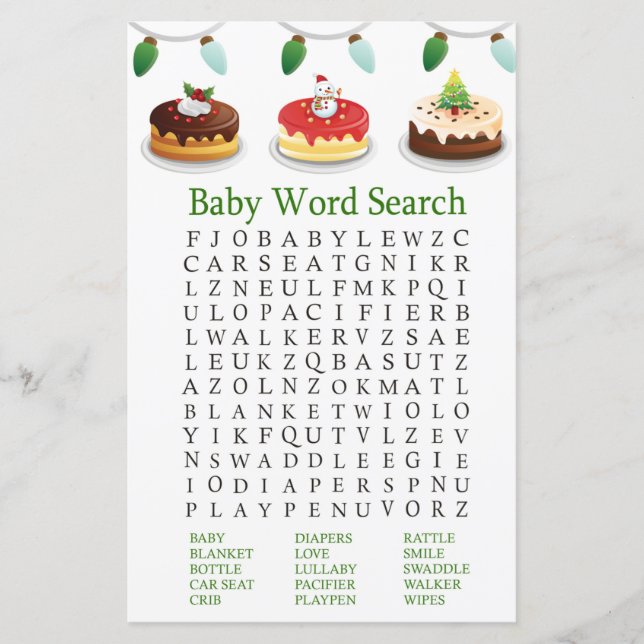 Weihnachts-Kuchen Baby Dusche Word Search Game (Vorderseite)