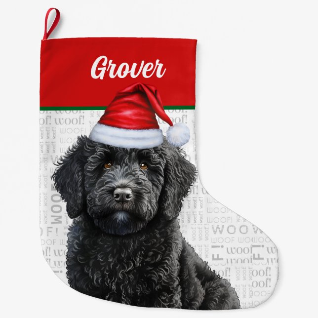 Weihnachts-Labradoodle mit Name Woof Hintergrund Großer Weihnachtsstrumpf (Vorderseite)