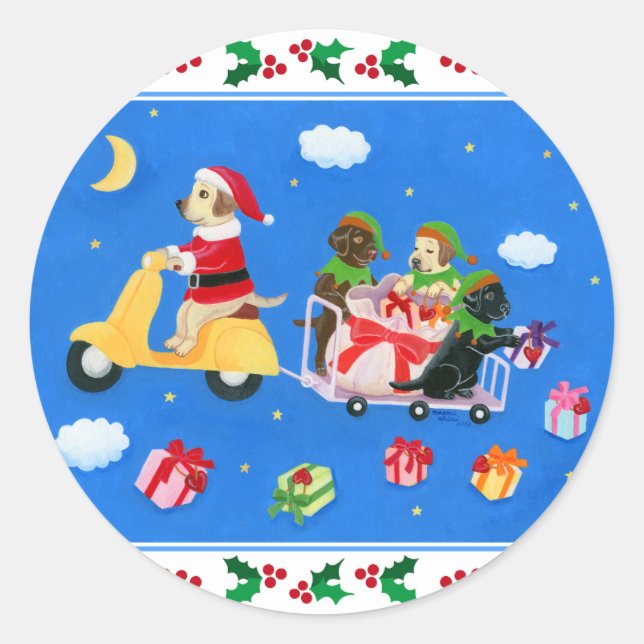 Weihnachts-Labrador-Delivery-Malerei Runder Aufkleber (Vorderseite)