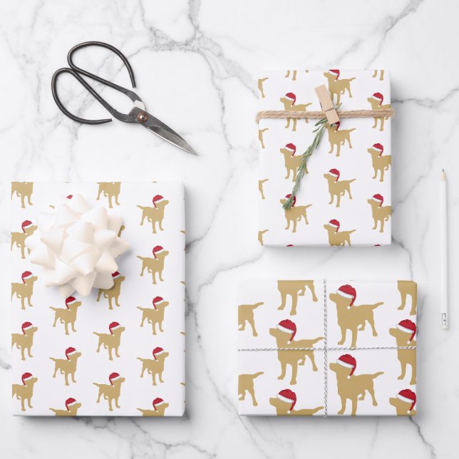 Weihnachts-Labrador-Gelber Hund in Weihnachtsmannm Geschenkpapier Set (Vorderseite)