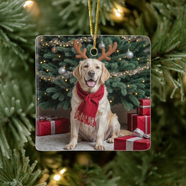 Weihnachts-Labrador Retriever mit Antlern Keramikornament (Baum)