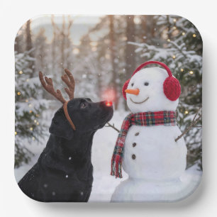 Weihnachts-Labrador Retriever mit Schneemann Pappteller