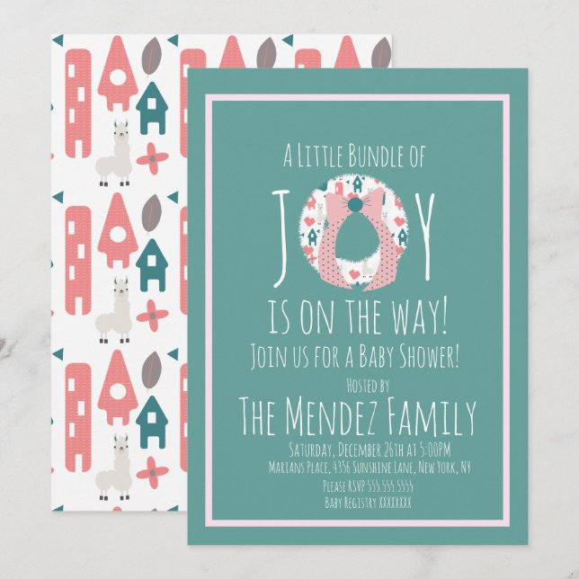 Weihnachts Lama Baby Duschkabine Wreath Joy Bundle Einladung (Vorne/Hinten)
