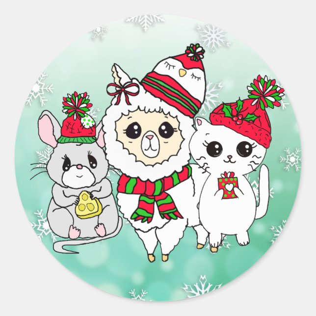 Weihnachts-Lama, Kitten und Mausurlaub Runder Aufkleber (Vorderseite)