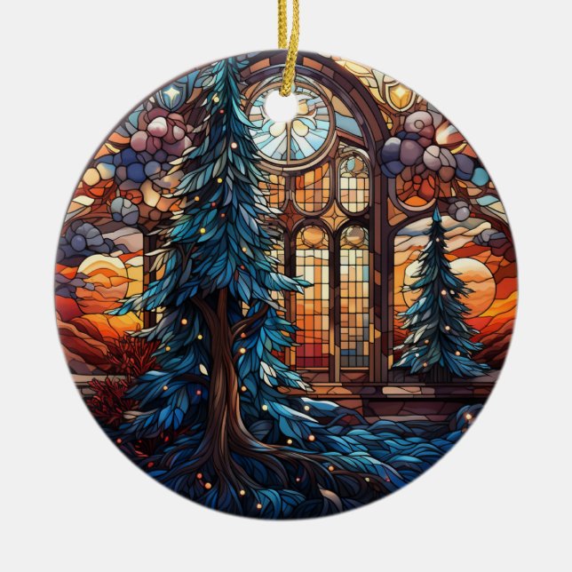 Weihnachts Landschaft Buntglas Stil Keramik Ornament (Vorne)