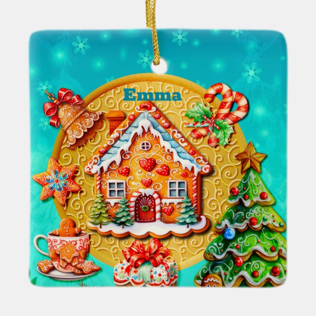 Weihnachts-Lebkuchen Candy House und Neujahr Keramikornament (Vorderseite)