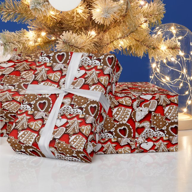 Weihnachts-Lebkuchen-Cookies auf Red Gift Wrap Geschenkpapier (Feiertage)