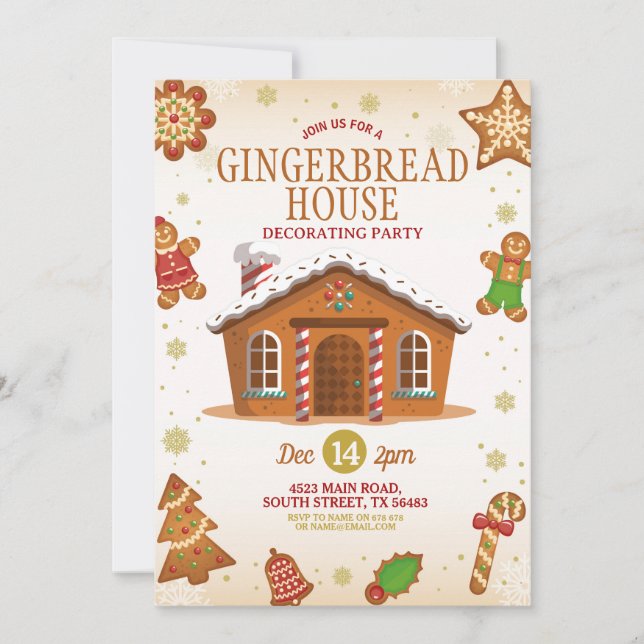 Weihnachts-Lebkuchen-Haus Dekorieren Party Einladung (Vorderseite)