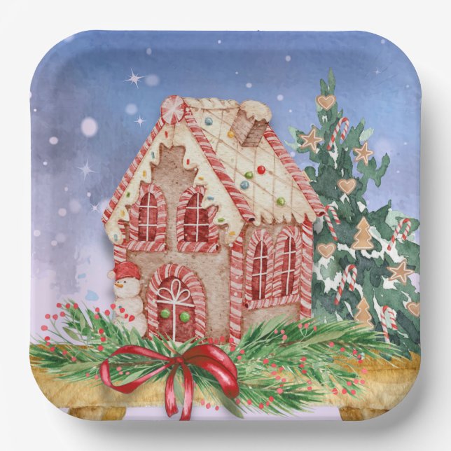 Weihnachts-Lebkuchen-Haus Wasserfarbe Pappteller (Vorderseite)