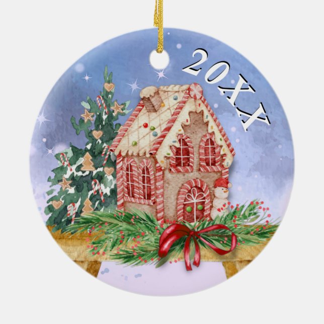Weihnachts-Lebkuchen-Haus Wasserfarbenjahr Keramik Ornament (Hinten)