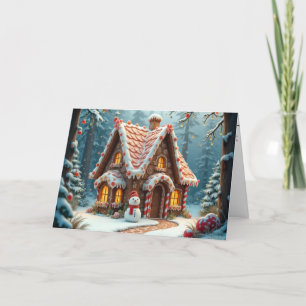 Weihnachts-Lebkuchen-Hütte mit einem Schneemann Karte