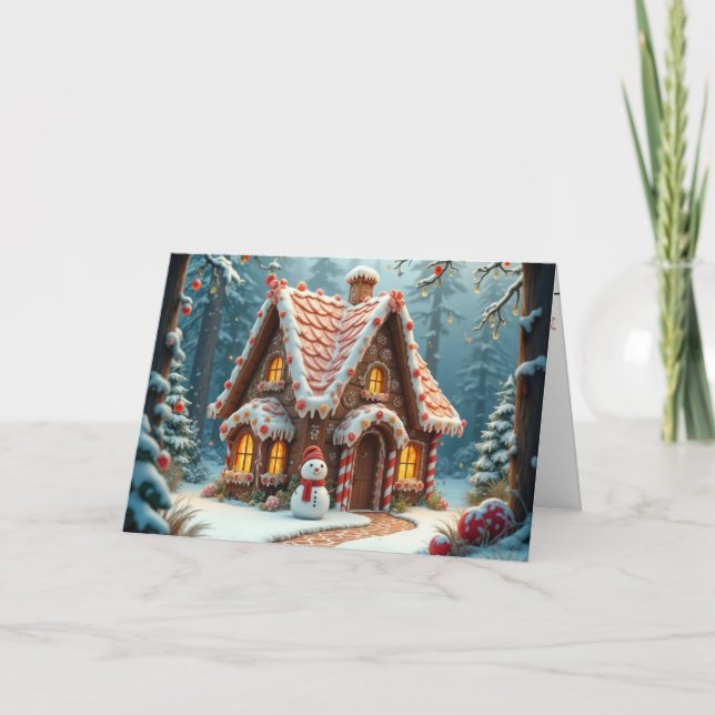 Weihnachts-Lebkuchen-Hütte mit einem Schneemann Karte (Vorderseite)