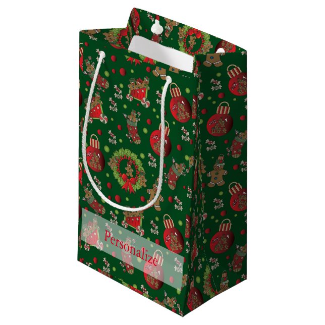 Weihnachts-Lebkuchen Männer im dunkelgrünen Hinter Kleine Geschenktüte (Vorderseite Schrägansicht)