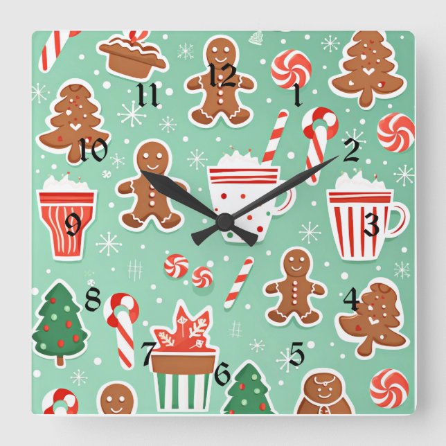 Weihnachts-Lebkuchendesign Quadratische Wanduhr (Vorderseite)