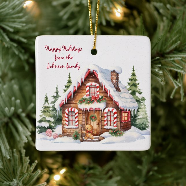 Weihnachts-Lebkuchenhaus im Schnee Keramikornament (Baum)