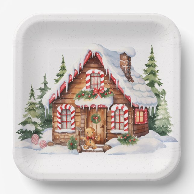 Weihnachts-Lebkuchenhaus im Schnee Pappteller (Vorderseite)