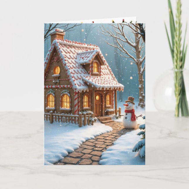 Weihnachts-Lebkuchenhaus mit Schneemann Karte (Vorderseite)