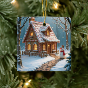 Weihnachts-Lebkuchenhaus mit Schneemann Keramikornament
