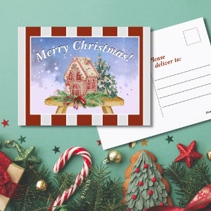 Weihnachts-Lebkuchenhäuschen-Aquarell-Postkarte Feiertagspostkarte
