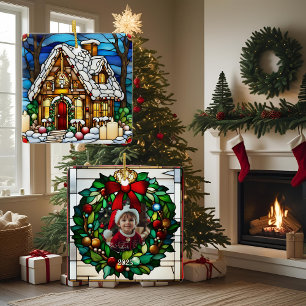 Weihnachts-Lebkuchenhäuschen Faux-Buntglas Keramikornament