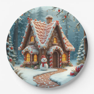 Weihnachts-Lebkuchenhäuschen mit einem Schneemann Pappteller