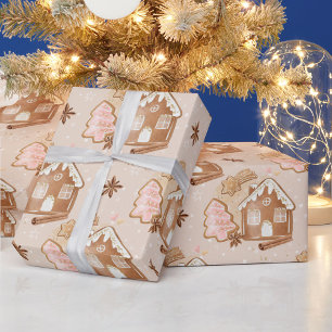 Weihnachts-Lebkuchenhäuschen Rosa Kekse Braun Geschenkpapier