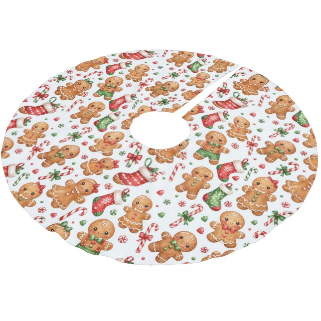 Weihnachts-Lebkuchenjunge und -Mädchen mit Strümpf Polyester Weihnachtsbaumdecke (Schrägansicht)