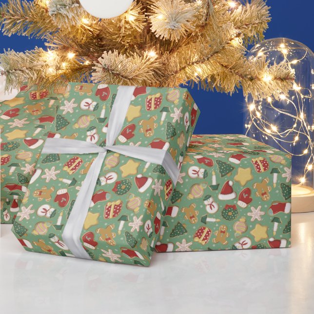 Weihnachts-Lebkuchenmuster auf Grün Geschenkpapier (Feiertage)