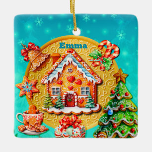 Weihnachts-Leckereien-Haus aus Lebkuchen und Neuja Keramikornament
