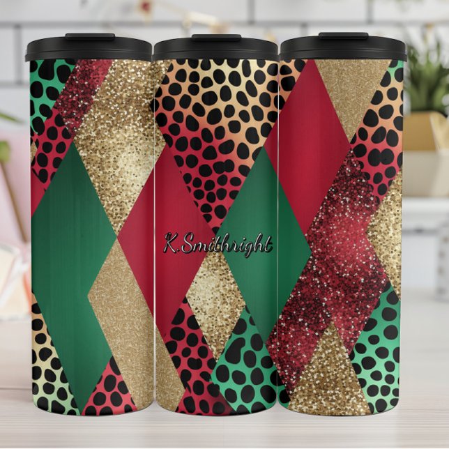 Weihnachts-Leoparden-Glitter-Patchwork-Design Thermosbecher (Von Creator hochgeladen)