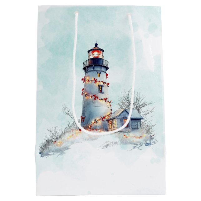 Weihnachts-Leuchtturm an der Küste Mittlere Geschenktüte (Rückseite)
