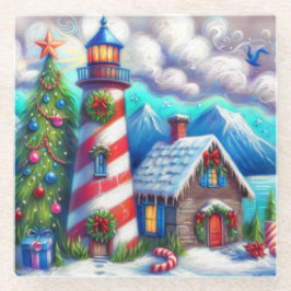 Weihnachts-Leuchtturm Nautical Coastal Mountain Glasuntersetzer