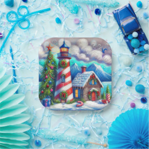 Weihnachts-Leuchtturm Nautical Coastal Mountain Pappteller
