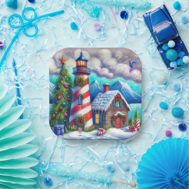 Weihnachts-Leuchtturm Nautical Coastal Mountain Pappteller (Party)