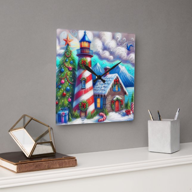 Weihnachts-Leuchtturm Nautical Coastal Mountain Quadratische Wanduhr (Büro)