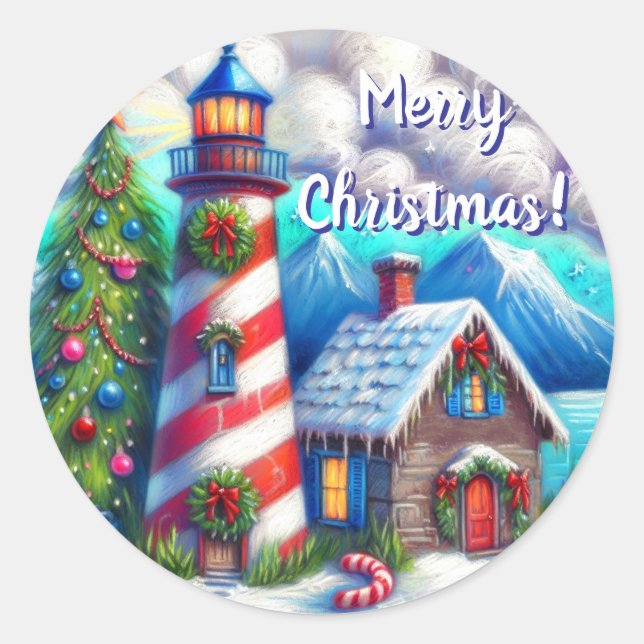 Weihnachts-Leuchtturm Nautical Coastal Mountain Runder Aufkleber (Vorderseite)