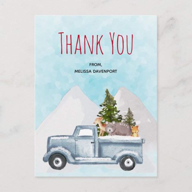 Weihnachts-Lkw Tragend Bäume & Tiere Vielen Dank Postkarte (Vorderseite)