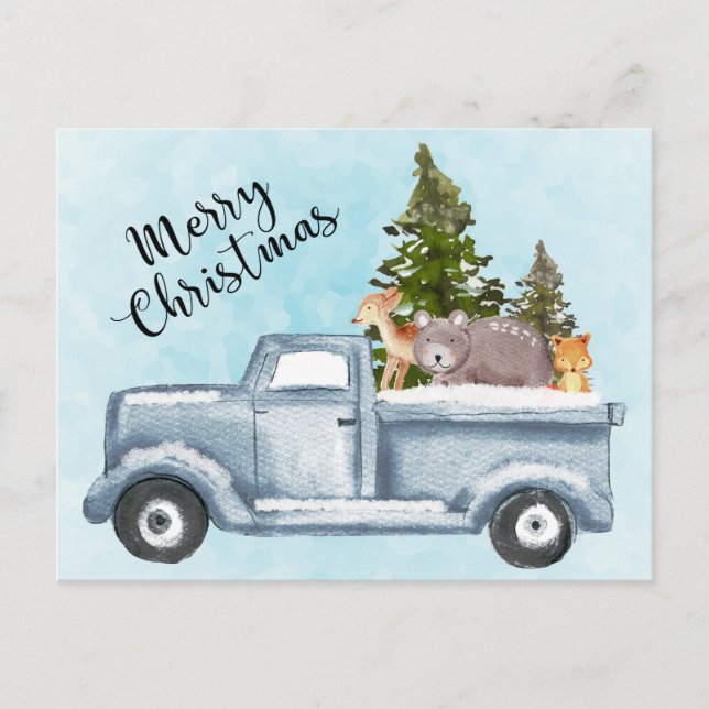 Weihnachts-LKWs, die Bäume und Tiere befördern Url Postkarte (Vorderseite)