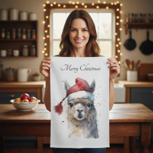 Weihnachts-Llama Wasserfarbe Santa Hut Benutzerdef Geschirrtuch