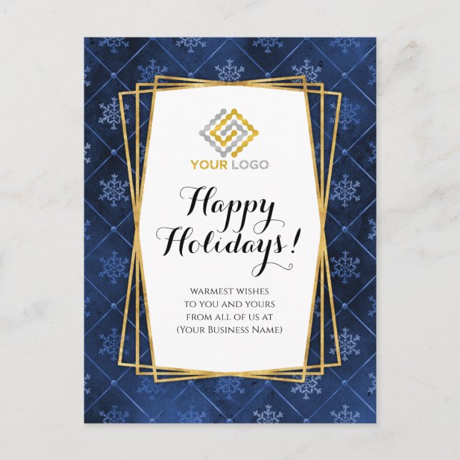 Weihnachts-Logo Blue Gold Snowflakes Business Postkarte (Vorderseite)