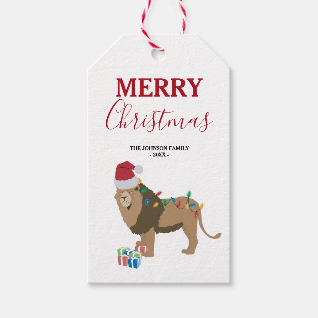 Weihnachts-Löwentier mit Weihnachtsmannmütze Geschenkanhänger (Vorderseite)