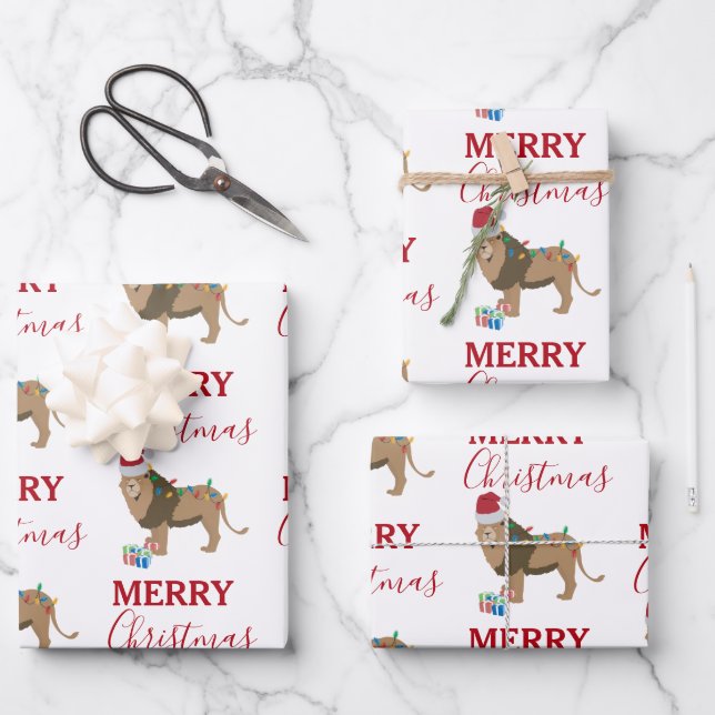 Weihnachts-Löwentier mit Weihnachtsmannmütze Geschenkpapier Set (Vorderseite)