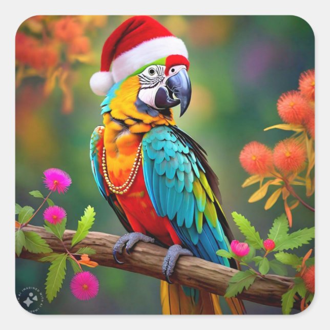 Weihnachts-Macaw mit einer Weihnachtsmannmütze-564 Quadratischer Aufkleber (Vorderseite)